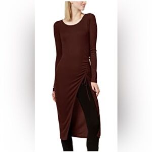 Bar lll Ribbed Lightweight Long Top Dress Fabric Gathered Side Slit Maroon Large